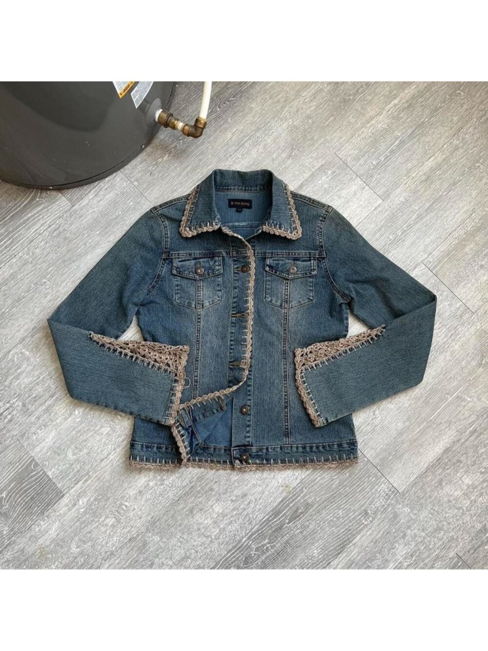 Navy Blue / Tan / Brown Vintage “Armor Jeans” Y2K Button-Up Denim / Jean Jacket